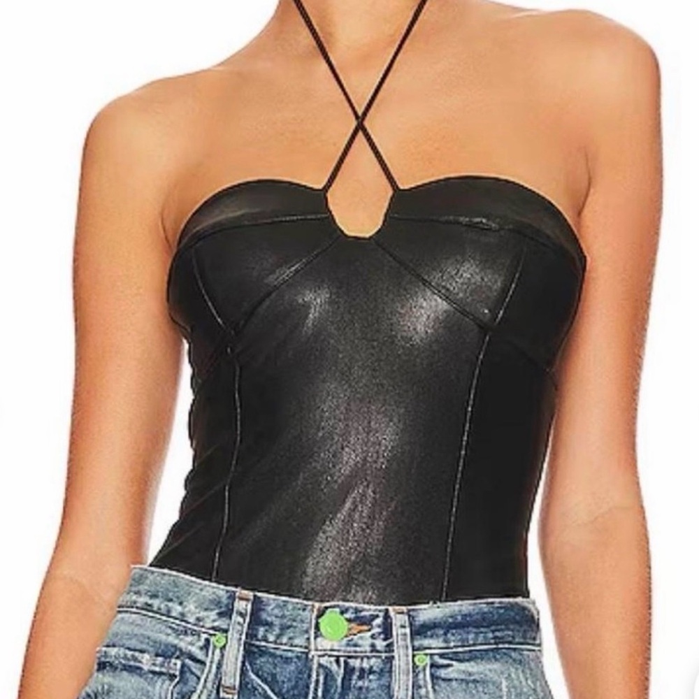 Amanda Uprichard Black Faux Leather Halter Bodysuit